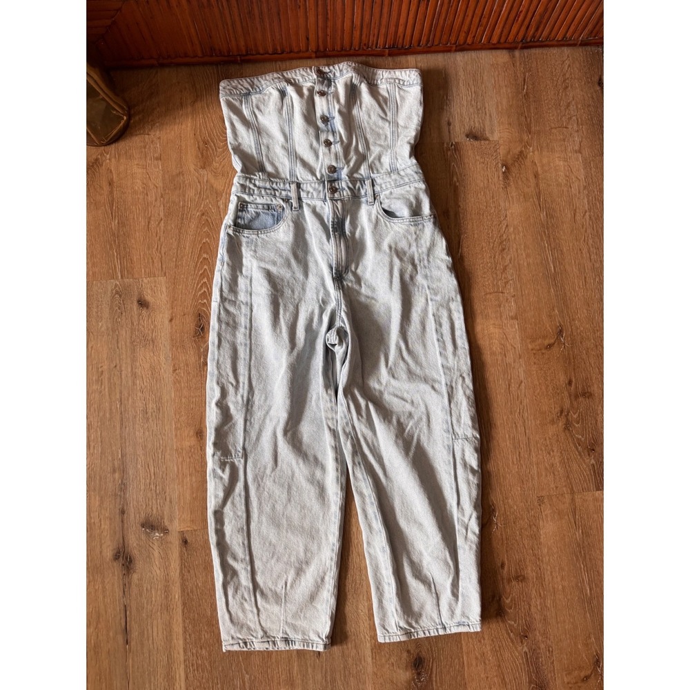 Pistola Denim Strapless Jumpsuit Light Wash Blue Cotton Button Front Size L